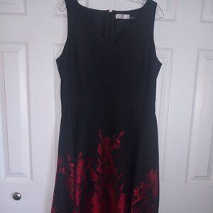 Natori Red and Black Jacquard Peacock Print Cocktail Dress